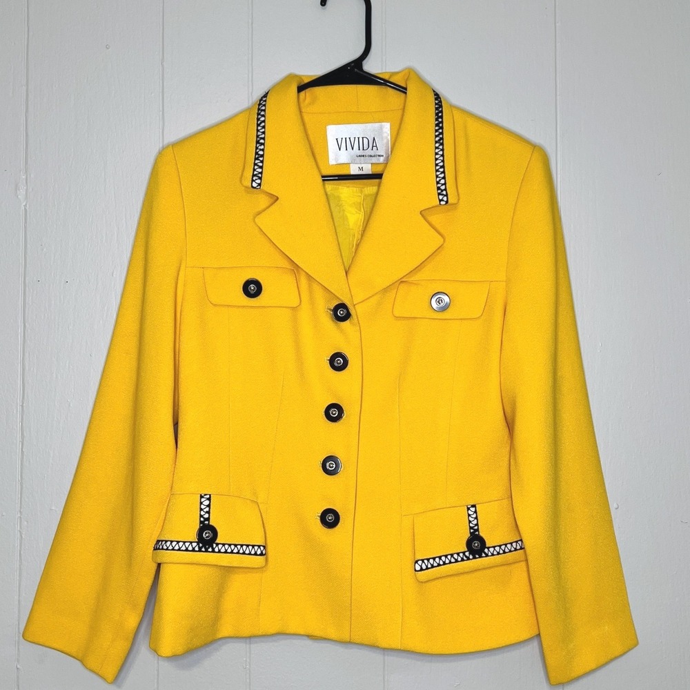 Vintage Vivida Womens Yellow Blazer Jacket Size M Contrast Trim Button Front 90s